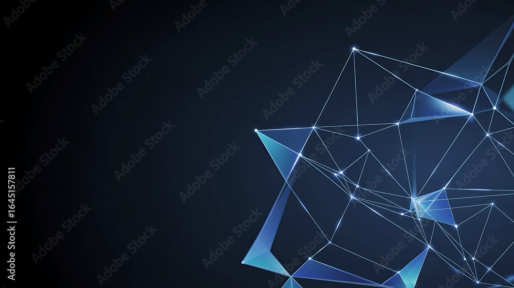 Poster abstract glowing geometric network structure with interconnected nodes and lines on a dark blue back