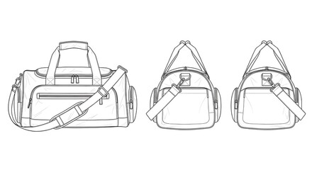 Gym Duffel Bag Technical Drawing Vector Illustration - Front, Side, and Back Views