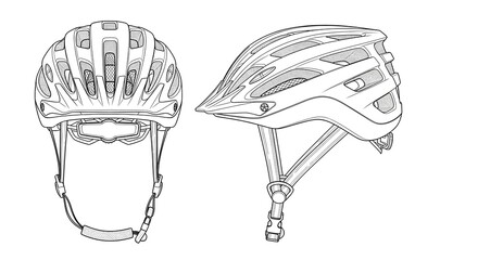 Fototapeta premium Bicycle helmet line art illustrations set. Front and side view of modern cycling safety equipment. Vector outline drawing for sports and recreation.