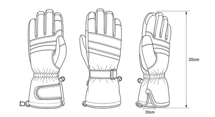 Detailed illustration of ski gloves with measurement markings, showcasing design and functionality for winter sports enthusiasts