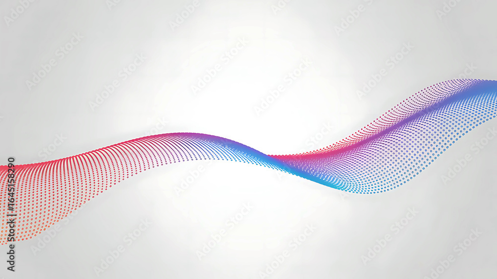 Poster abstract flowing wave of colorful dots transitioning from red to blue against a light gray backgroun