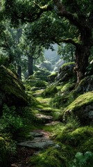 Lush forest path winding through moss-covered rocks