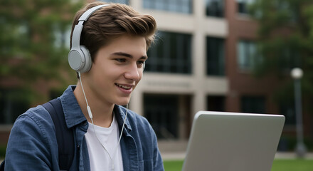 Smiling Young Man Using Laptop Outdoors