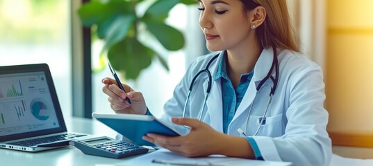 Confident Female Doctor Using Tablet and Laptop to Review Patient Charts and Perform Calculations