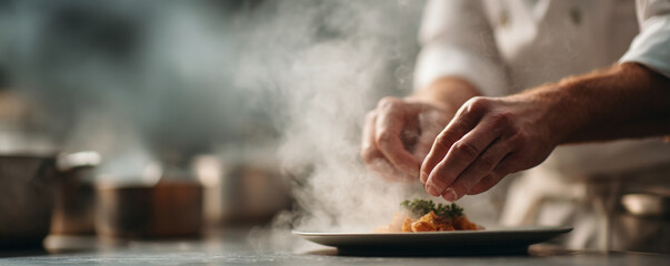 Chef finishing a dish with meticulous detail. Food plating perfection.  Gastronomy art with delicate touch. Ideal for restaurant promos, food blogs, or culinary school ads.