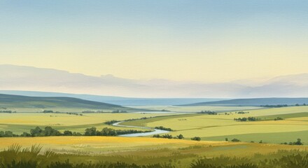 Fototapeta premium Tranquil Valley Landscape with River Flowing Through Green Fields
