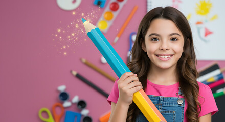Smiling Girl Holding Giant Pencil: Creativity and Imagination