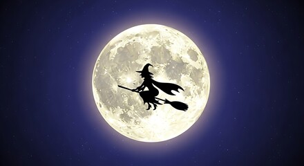 Naklejka premium A silhouette of a witch riding a broom in front of a full moon on a dark blue starry night sky