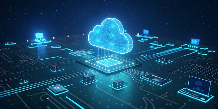 Digital cloud computing technology concept illustrating data storage and network connectivity on a futuristic circuit board with glowing blue elements