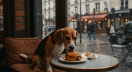 Beagle Dog Sitting at Cafe Table with Pastry on Rainy Day in Urban Setting
