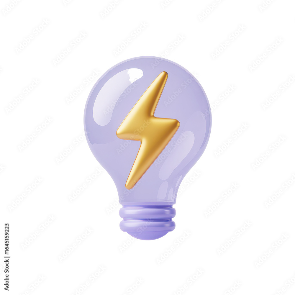 Poster stylized 3d rendering of a lightbulb containing a bright yellow lightning bolt symbol isolated on tr