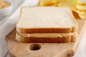 Homemade American Peanut Butter Sandwich and Potato Chips, side view.