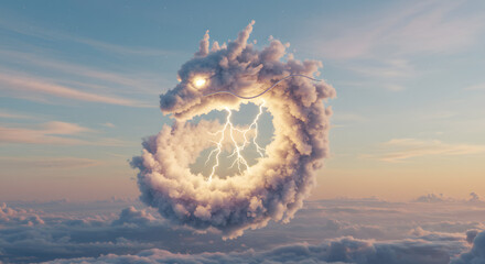 Dramatic Lightning Storm Inside a Cloud Formation in Sky with Sunlight and Clouds