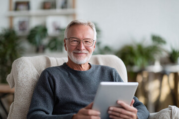 Smiling senior man relaxing at home with a tablet. Represents modern retirement, connection, leisure, and digital literacy. Ideal for tech or lifestyle content.