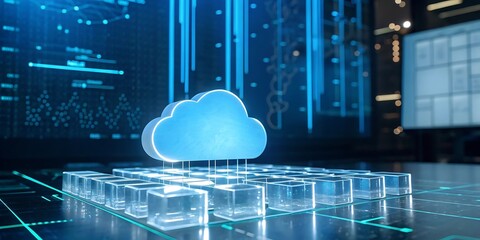Illuminated blue cloud symbol rises above transparent cubes with digital data streams in futuristic abstract technology background