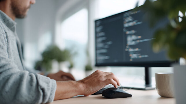 Focused shot of a programmer coding at a desk. The computer screen displays code. Modern, clean aesthetic. Represents innovation, technology, and digital expertise. - Powered by Adobe