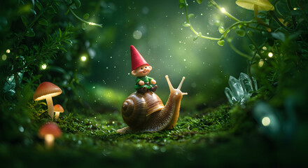 Cute Gnome Riding Snail in Magical Forest Scene with Mushrooms and Glowing Lights