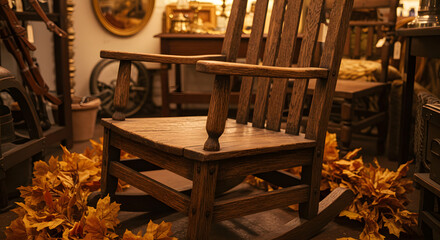 Wooden Rocking Chair in Cozy Vintage Room Surrounded by Autumn Leaves