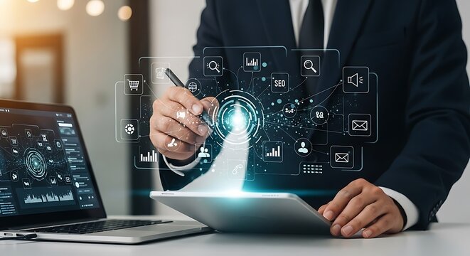 Businessman interacting with a futuristic digital interface for managing business strategy, data analytics, and global operations. - Powered by Adobe