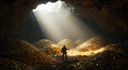 Miner in a Cave Filled with Gold Coins Illuminated by Sunlight
