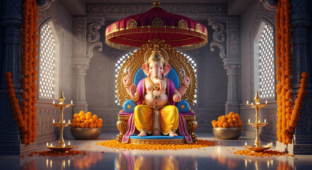 Lord Ganesha idol seated on a throne in an ornate, traditional Hindu temple hall.