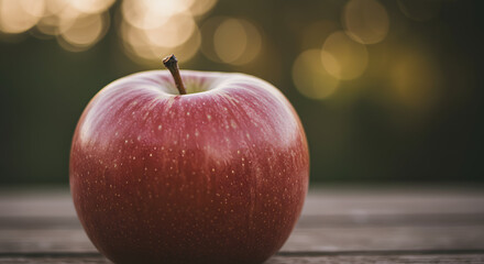 Red Apple on Wooden Surface in Natural Outdoor Setting with Soft Bokeh Background