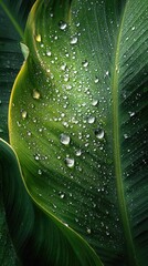 Obraz premium Close-up of vibrant green leaves, covered in glistening water droplets