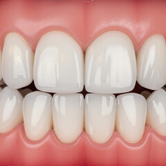 Human teeth with perfect white enamel and healthy gums close-up  