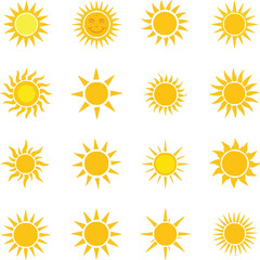 A vibrant set of yellow sun icons, symbols, and illustrations for a bright summer design with solar sunbeams and heat