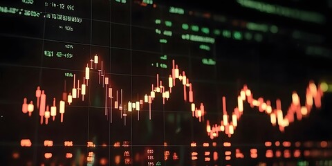 a close-up of a stock market candlestick chart with glowing red and orange bars, digital numbers and grid lines in the background, futuristic financial trading interface