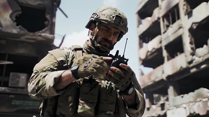 Focused Soldier Communicating Via Radio in War Torn City With Digital Camouflage Uniform Helmet and Tactical Gear