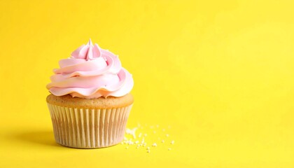 A simple and delicious vanilla cupcake with a swirl of creamy pink frosting and white sprinkles, isolated on a vibrant yellow background with ample negative space