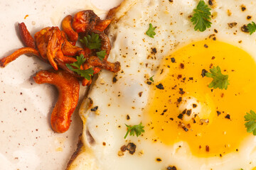 Fried Cordyceps Mushrooms with Sunny Side Up Egg on Handmade Ceramic Plate