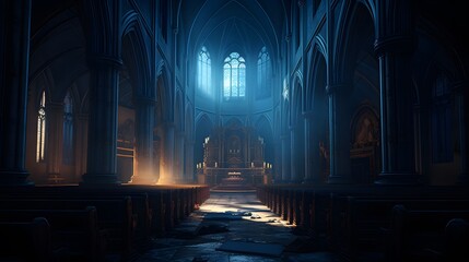 Serene Gothic church interior aglow with candlelight, showcasing intricate stained glass windows and towering stone columns, ideal for depicting the spiritual atmosphere of interior of a church