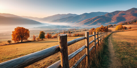 Fototapeta premium Charming countryside view with a wooden fence, mist-covered valley, and autumn trees in warm sunrise light. Perfect balance of rustic scenery and copy space.