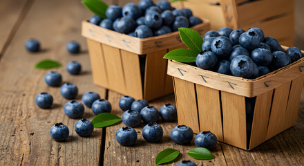 Fresh Blueberries in Wooden Baskets on Rustic Wooden Surface