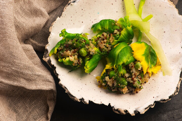 Stuffed Green Parrot Tulips with Quinoa, Peas and Honey on Handmade Ceramic Plate