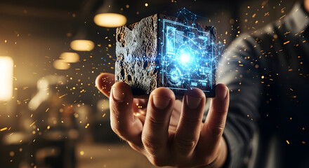 A human hand holds a textured cube radiating a vibrant blue digital network in a dynamic light-filled space