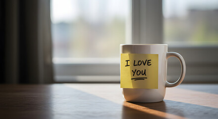 White Coffee Mug with Love Note on Wooden Table Near Window in Bright Natural Light
