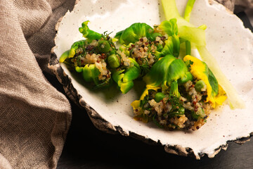Stuffed Green Parrot Tulips with Quinoa, Peas and Honey on Handmade Ceramic Plate