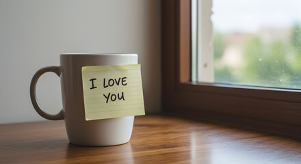 White Mug with Love Note on Wooden Window Sill in Natural Light