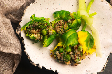 Stuffed Green Parrot Tulips with Quinoa, Peas and Honey on Handmade Ceramic Plate