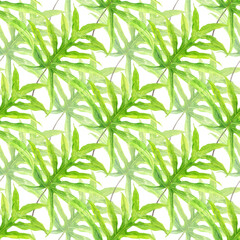 Fototapeta premium Watercolour green tropical palm leaves illustration seamless pattern. On white background. Hand-painted. Floral elements, jungle leaves. For fabric, wallpaper, wrapping paper, bags, cards, sketchbook