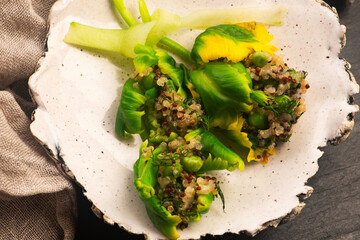 Stuffed Green Parrot Tulips with Quinoa, Peas and Honey on Handmade Ceramic Plate