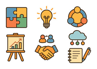 Fototapeta premium Creative Problem-Solving Icons. Flat vector mini-illustrations Problem-solving workshops in colors children's