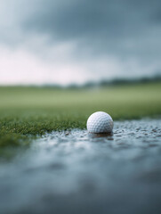 Golf ball resting in water on the green, reflecting a moody sky. Represents challenges, perseverance, and the beauty of the game even in tough conditions.