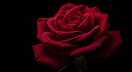 Fototapeta premium Close-up of a velvety, deep red rose in full bloom against a contrasting black background.