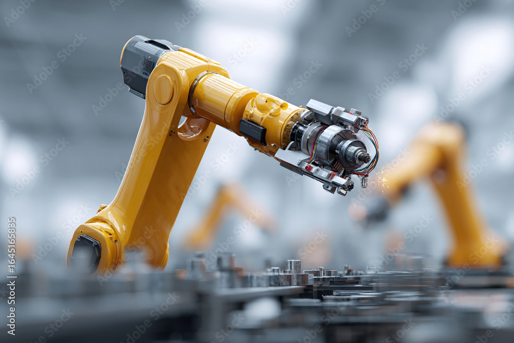 Poster automated manufacturing. a robotic arm performs precise work in a modern factory. symbolizes innovat