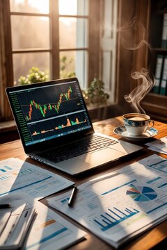 professional photo of an elegant wooden desk with a sleek open laptop displaying a vibrant stock market dashboard on its screen a steaming cup of coffee in a fine china cup numerous financial