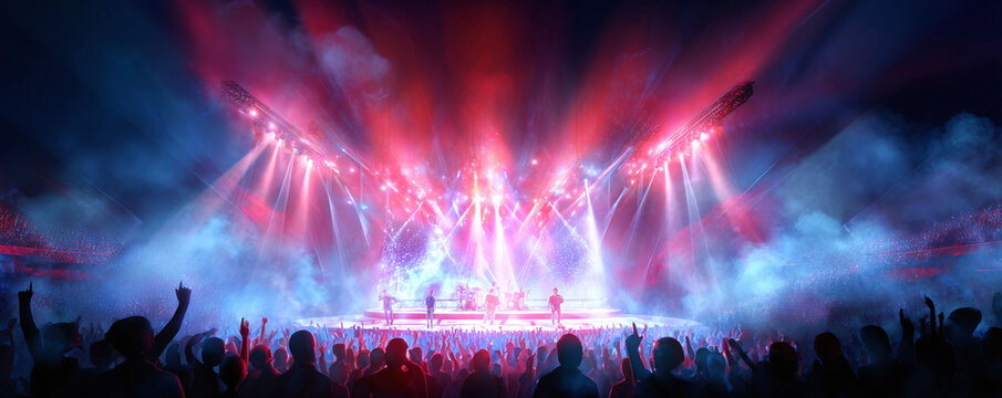 Energetic concert scene featuring a band on stage bathed in vibrant red and blue lights, amidst cheering crowd silhouettes. Perfect for music, events.